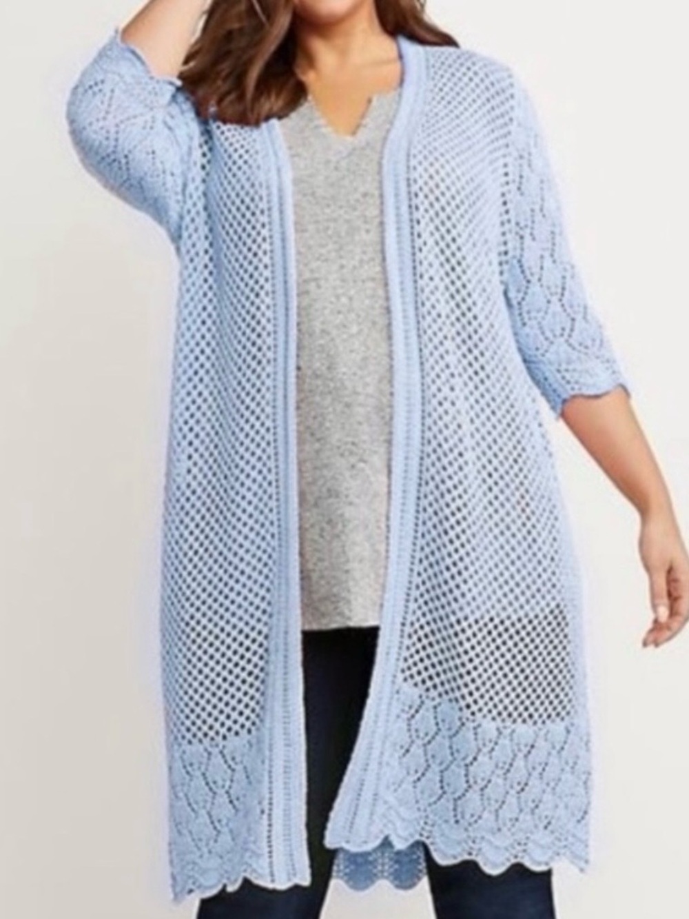 Lane Bryant Light Blue Crochet Knit Long Cardigan Sweater Size 18/20